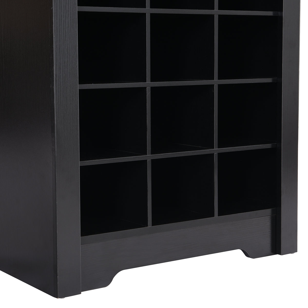 Anthony & Home On Trend Signature Shoe Cubby Console in black veneer with 30 compartments for organized shoe storage