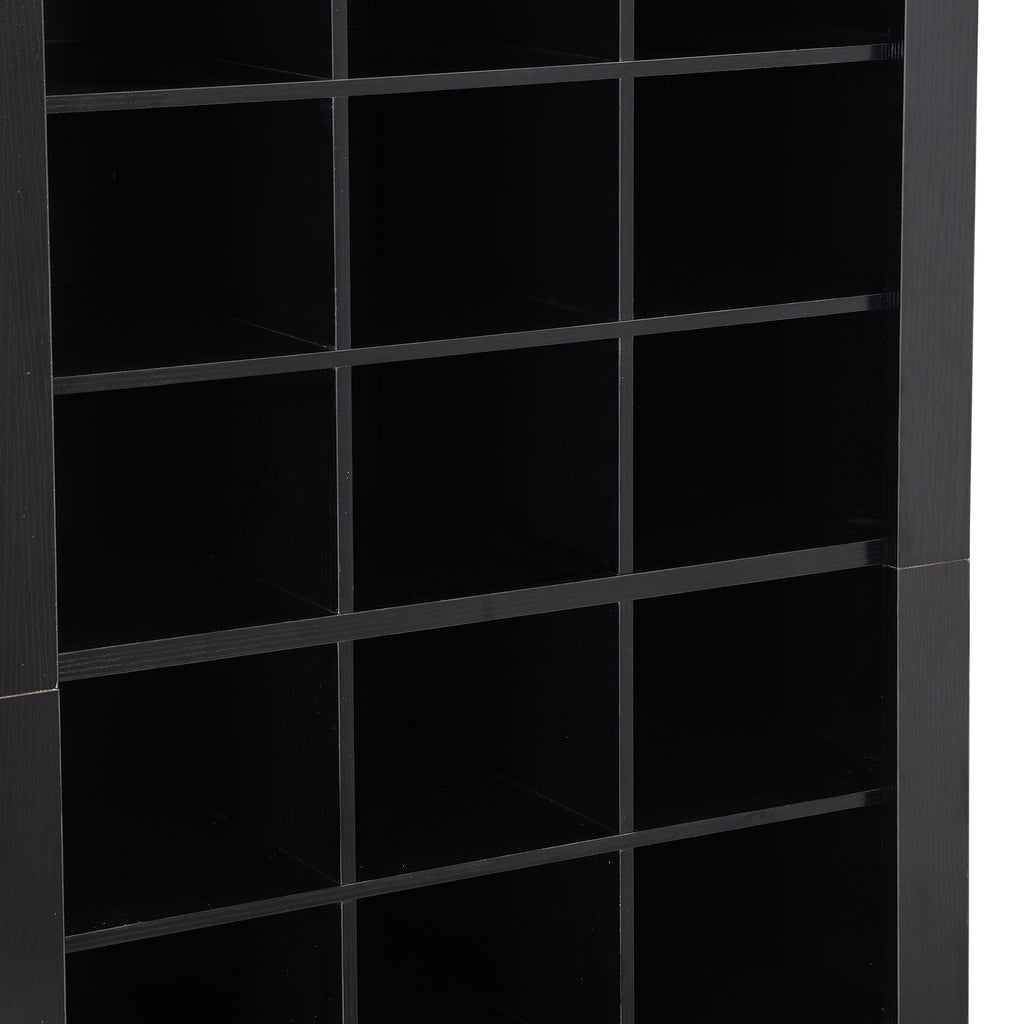 Anthony & Home On Trend Signature Shoe Cubby Console in black veneer with 30 compartments, shown with organized shoes.