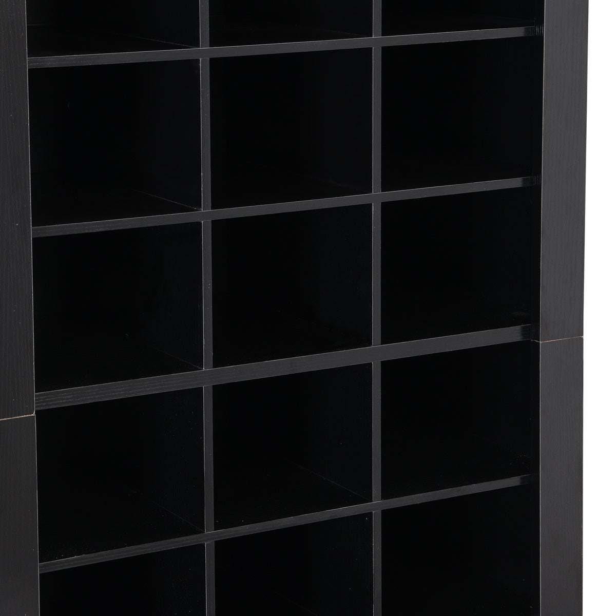Anthony & Home On Trend Signature Shoe Cubby Console in black veneer with 30 compartments, shown with organized shoes.