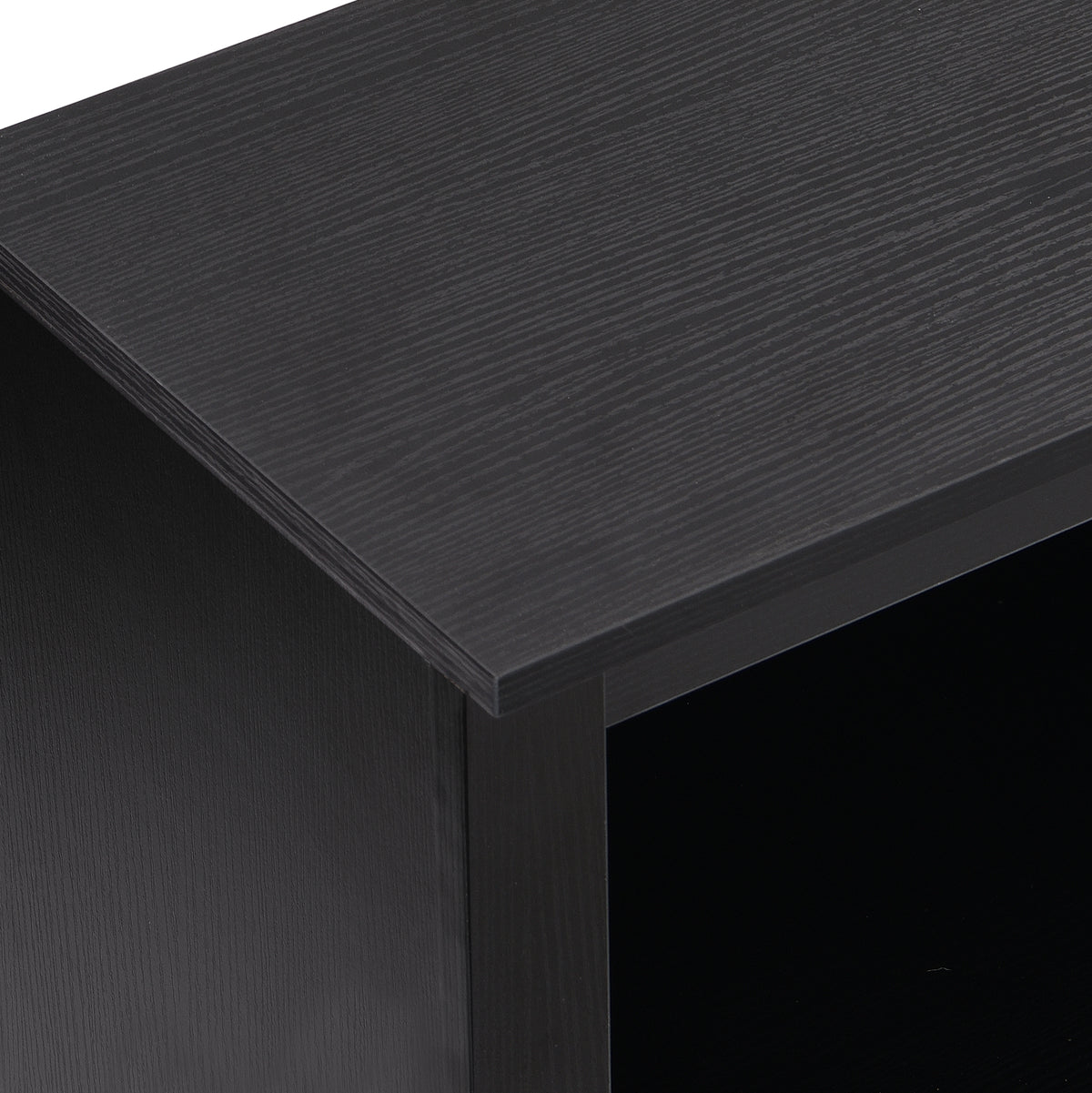 Anthony & Home On Trend Signature Shoe Cubby Console in black veneer with 30 compartments for organized shoe storage.