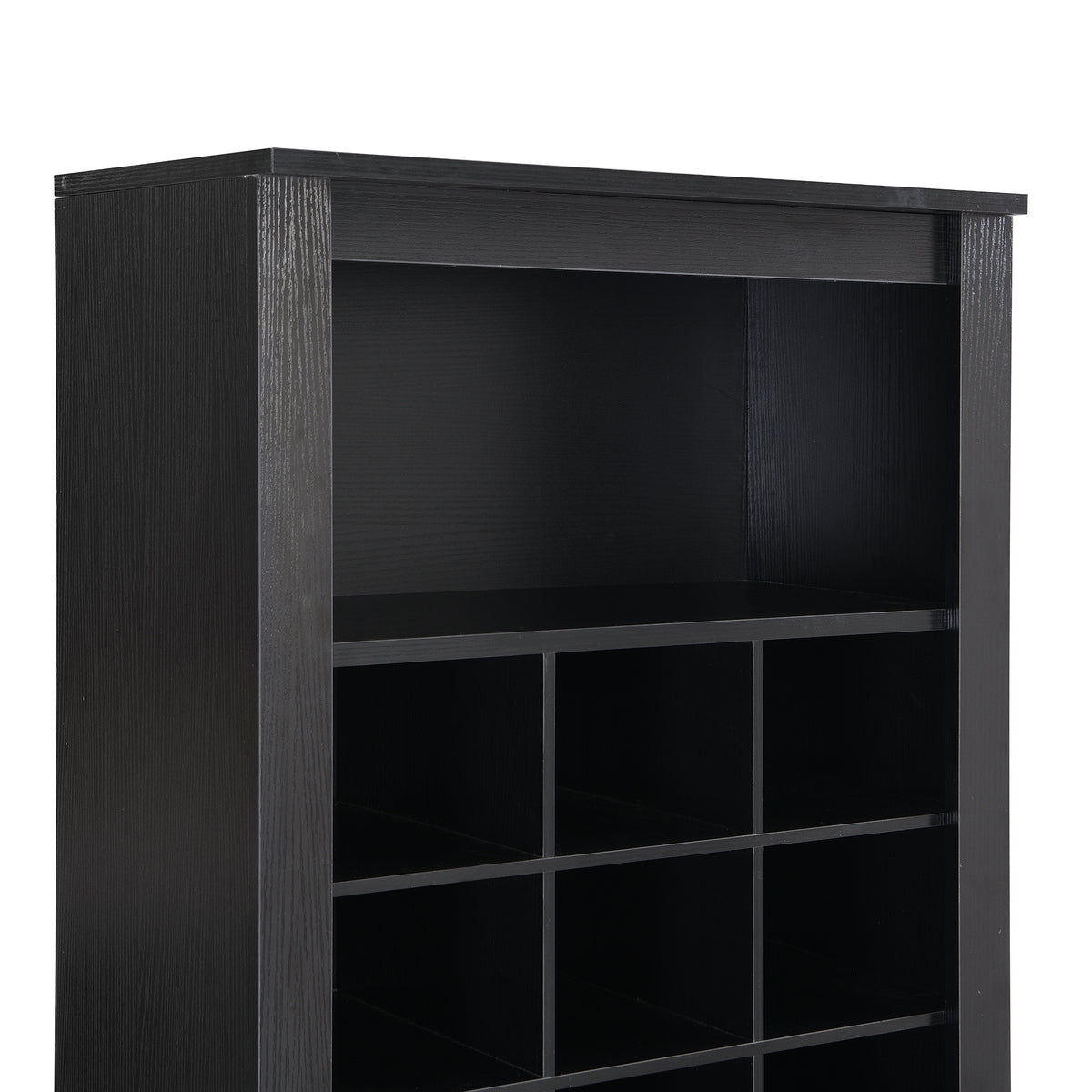 Anthony & Home On Trend Signature Shoe Cubby Console in black veneer with 30 compartments, designed for organized shoe storage.