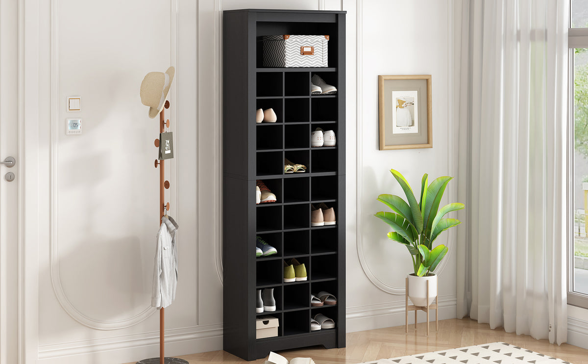 Anthony & Home On Trend Signature Shoe Cubby Console in black veneer with 30 compartments for organized shoe storage.
