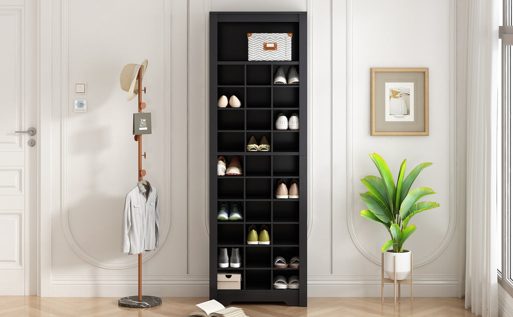 Anthony & Home On Trend Signature Shoe Cubby Console in black veneer with 30 compartments for organized shoe storage.