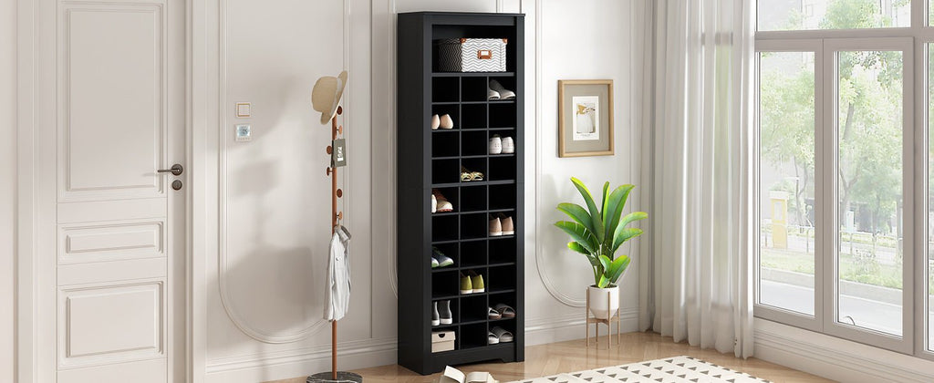 Anthony & Home On Trend Signature Shoe Cubby Console in black veneer with 30 compartments, showcasing organized storage and sleek design.