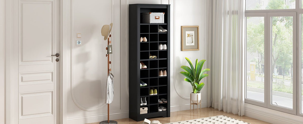 Anthony & Home On Trend Signature Shoe Cubby Console in black veneer with 30 compartments, showcasing organized storage and sleek design.
