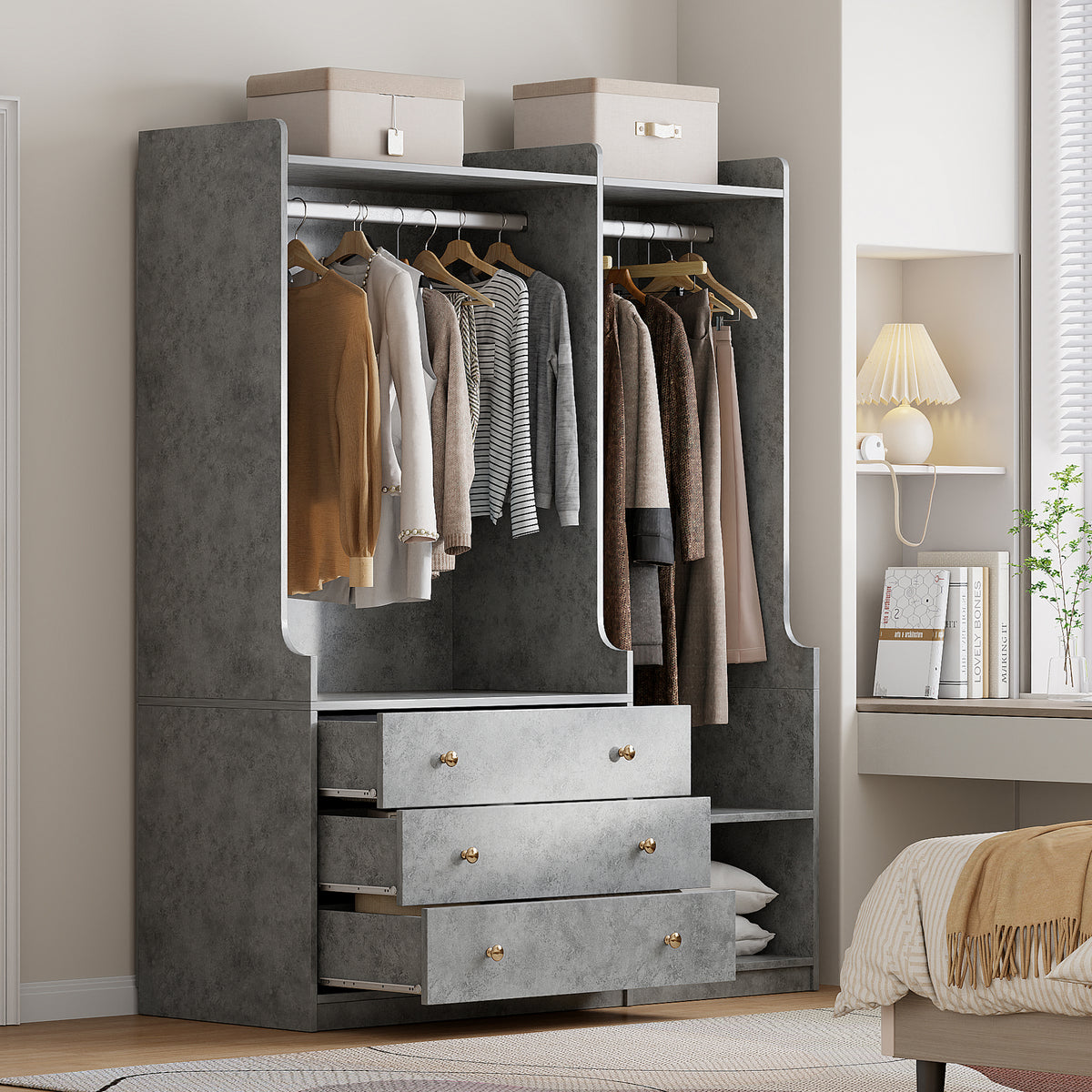 Open grey wooden wardrobe from Anthony & Home with dual hanging rods and spacious interior for clothing storage.