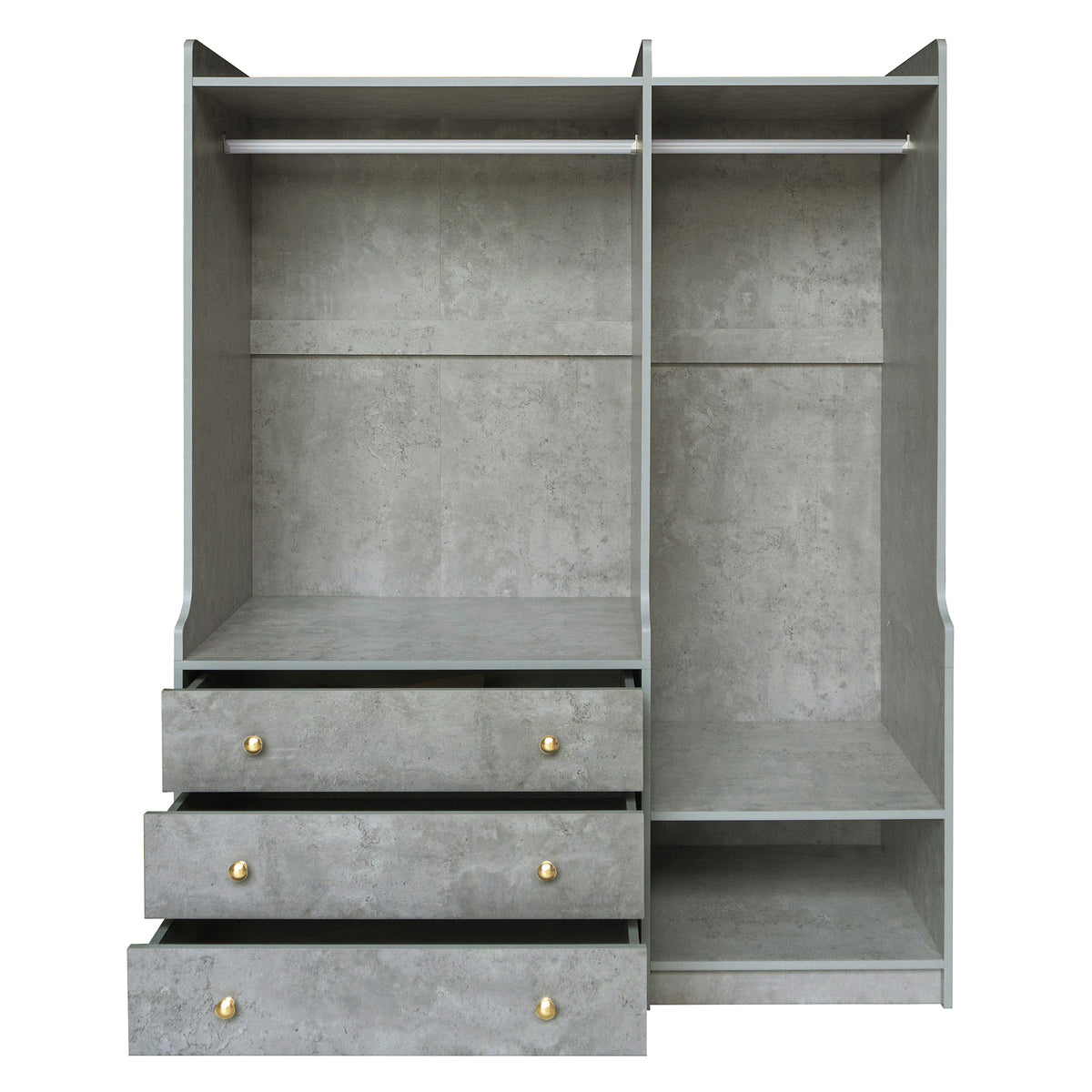 Open grey wooden wardrobe from Anthony & Home with dual hanging rods, showcasing spacious interior and modern design.