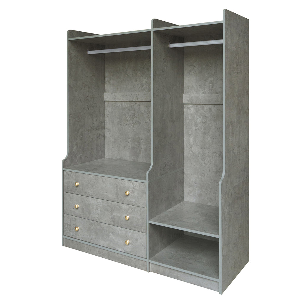 Open grey wooden wardrobe from Anthony & Home's Premier Collection with dual hanging rods, showcasing spacious interior and modern design.