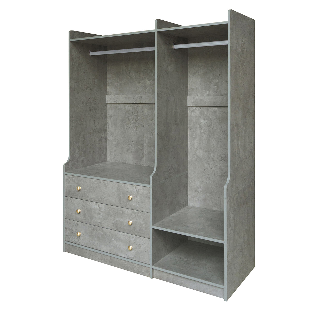 Open grey wooden wardrobe from Anthony & Home's Premier Collection with dual hanging rods, showcasing spacious interior and modern design.