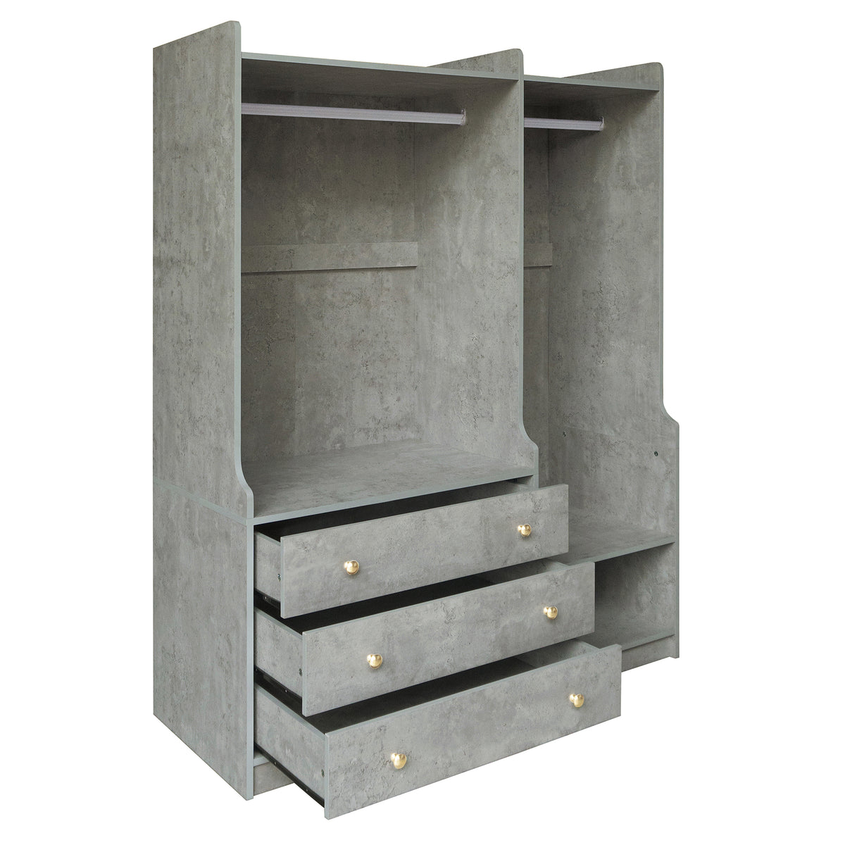 Open wooden wardrobe by Anthony & Home from the Premier Collection with grey finish and dual hanging rods inside.