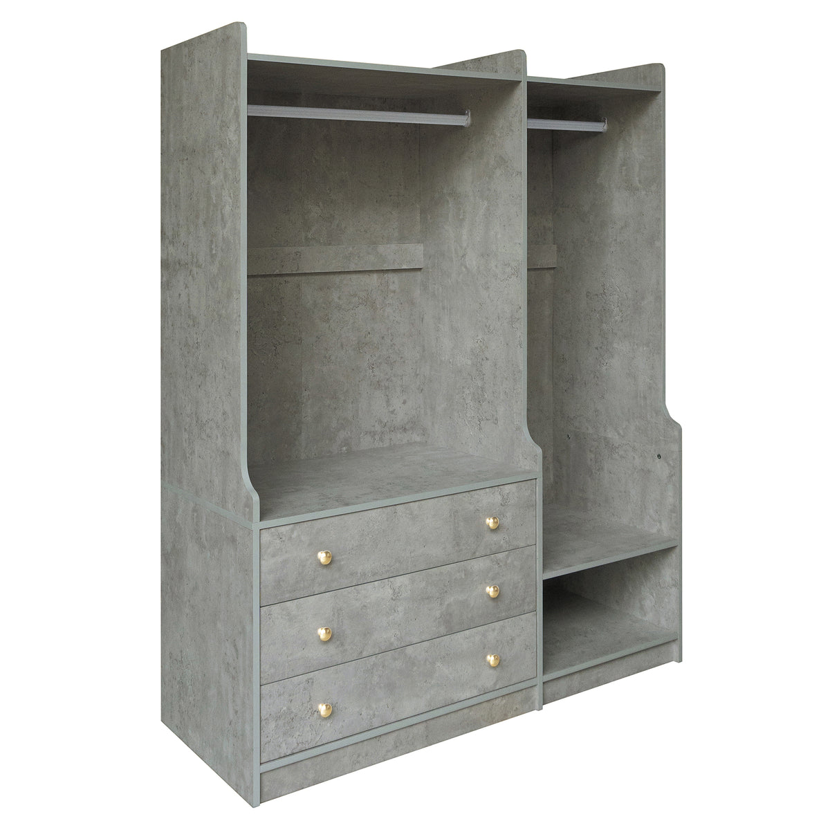Open grey wooden wardrobe from Anthony & Home's Premier Collection with dual hanging rods and spacious interior.