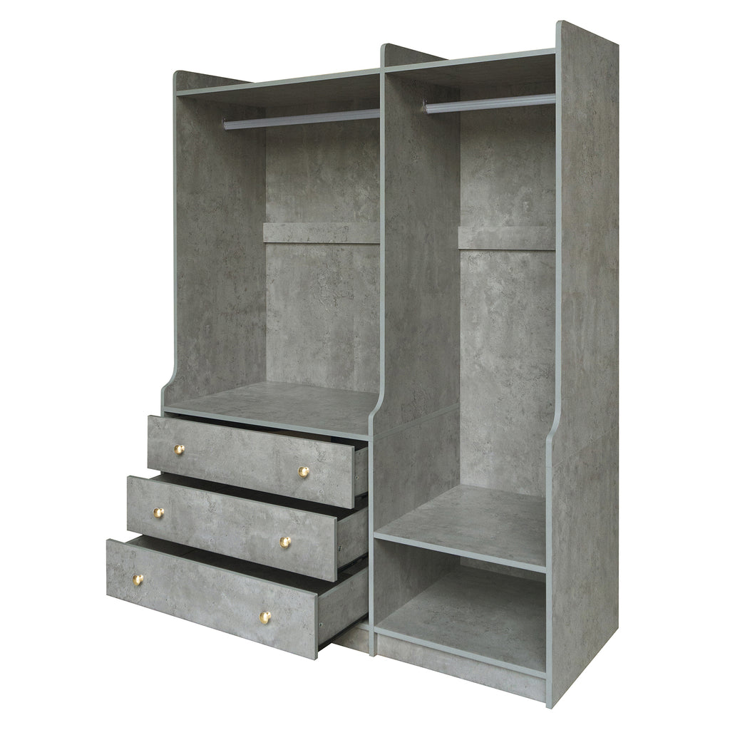 Open grey wooden wardrobe from Anthony & Home's Premier Collection with dual hanging rods and spacious interior.