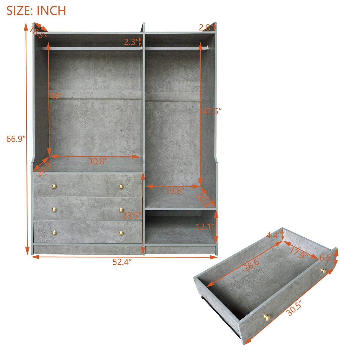 Open grey wooden wardrobe by Anthony & Home from the Premier Collection with dual hanging rods and spacious interior.