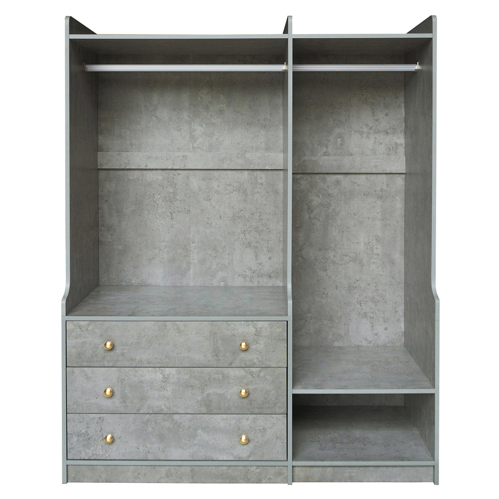 Open grey wooden wardrobe by Anthony & Home featuring dual hanging rods and spacious interior storage.