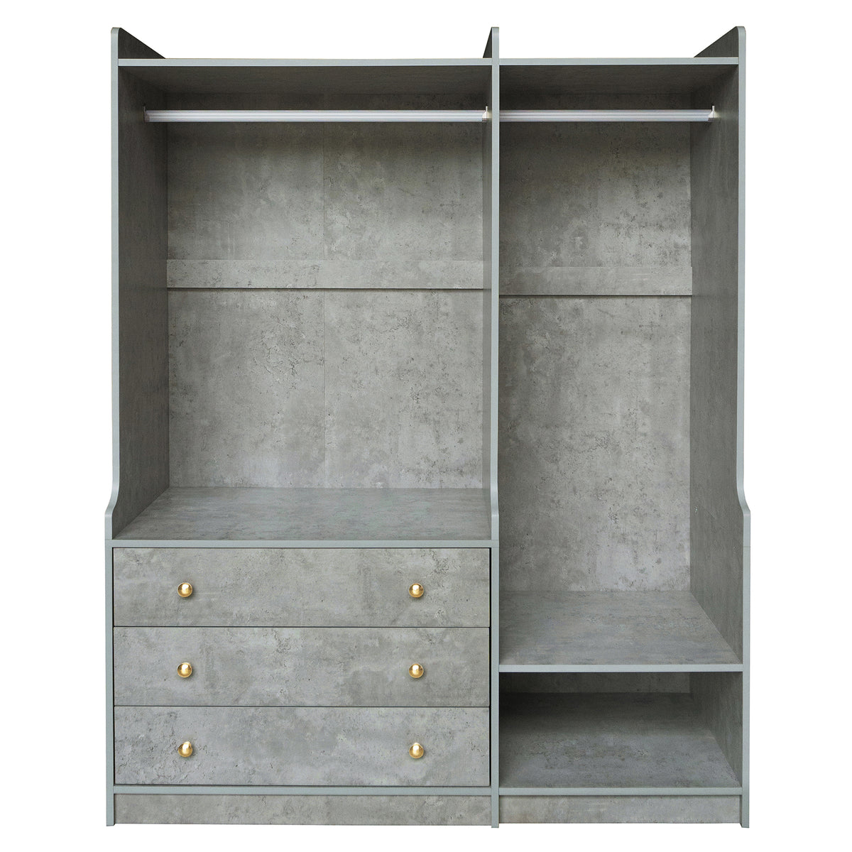 Open grey wooden wardrobe by Anthony & Home featuring dual hanging rods and spacious interior storage.