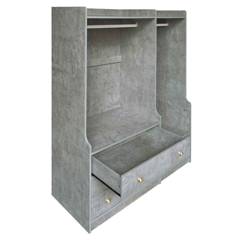 Open grey wooden wardrobe from Anthony & Home's Premier Collection with dual hanging rods and spacious interior.