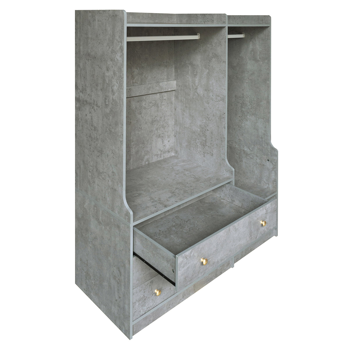 Open grey wooden wardrobe from Anthony & Home's Premier Collection with dual hanging rods and spacious interior.