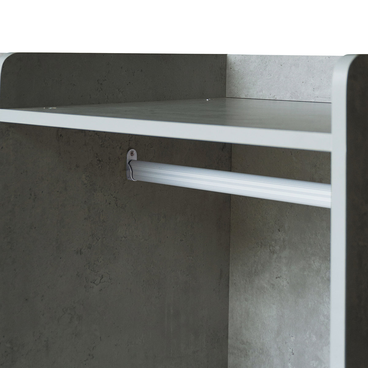 Open grey wooden wardrobe from Anthony & Home's Premier Collection with dual rods for versatile clothing storage.