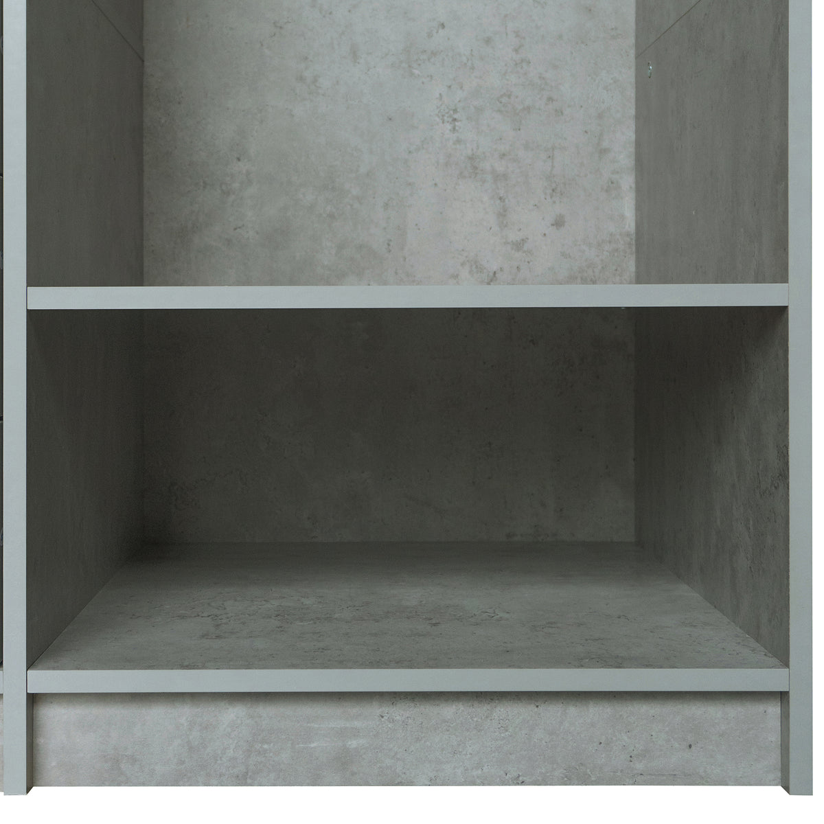 Open grey wooden wardrobe from Anthony & Home's Premier Collection featuring dual hanging rods and spacious interior.