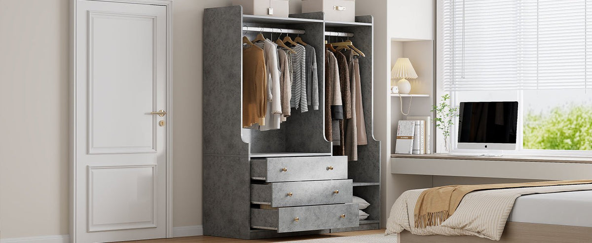 Open grey wooden wardrobe by Anthony & Home with dual hanging rods, showcasing spacious interior and modern design.