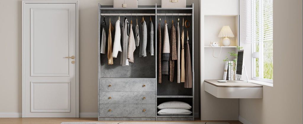 Open grey wooden wardrobe from Anthony & Home's Premier Collection with dual hanging rods and spacious interior.
