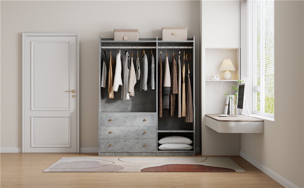 Open Anthony & Home grey wooden wardrobe with dual hanging rods, part of the Premier Collection, showing spacious interior and storage options.