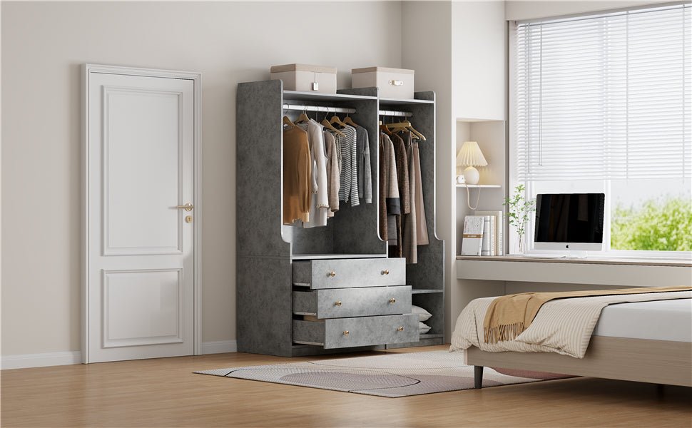 Open grey wooden wardrobe by Anthony & Home from the Premier Collection with dual hanging rods and spacious interior.