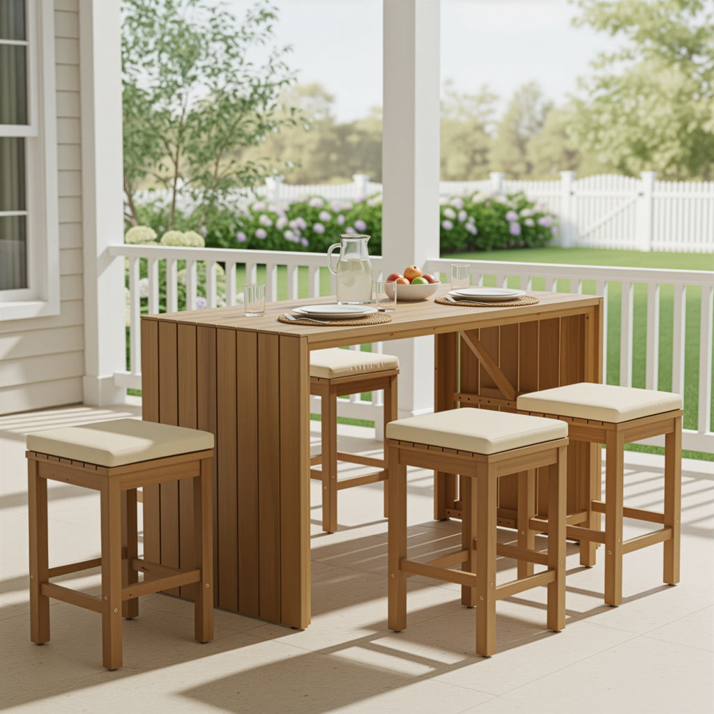 Outdoor bar set made of acacia wood from Anthony & Home's Exclusive Collection, includes bar table and stools.