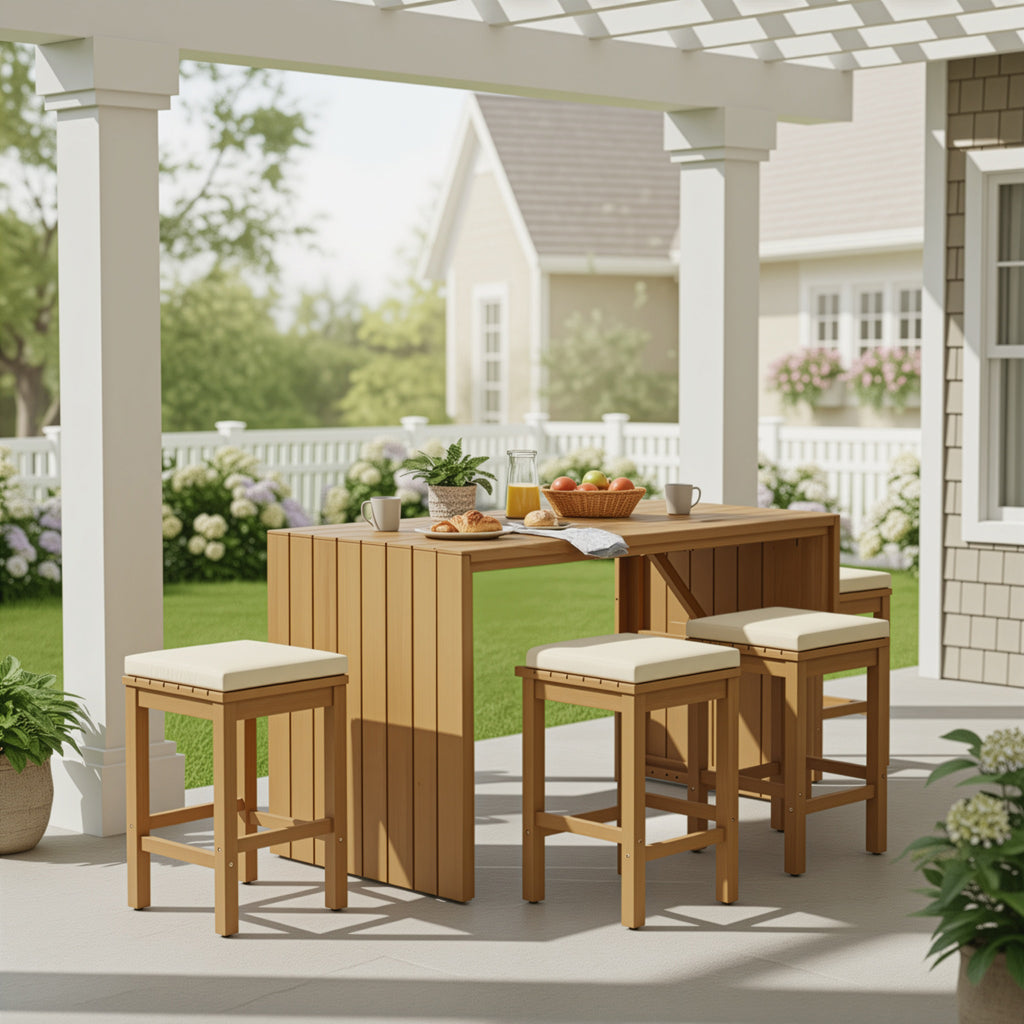 Outdoor bar set made of acacia wood from Anthony & Home's Exclusive Collection, featuring a table and matching stools.