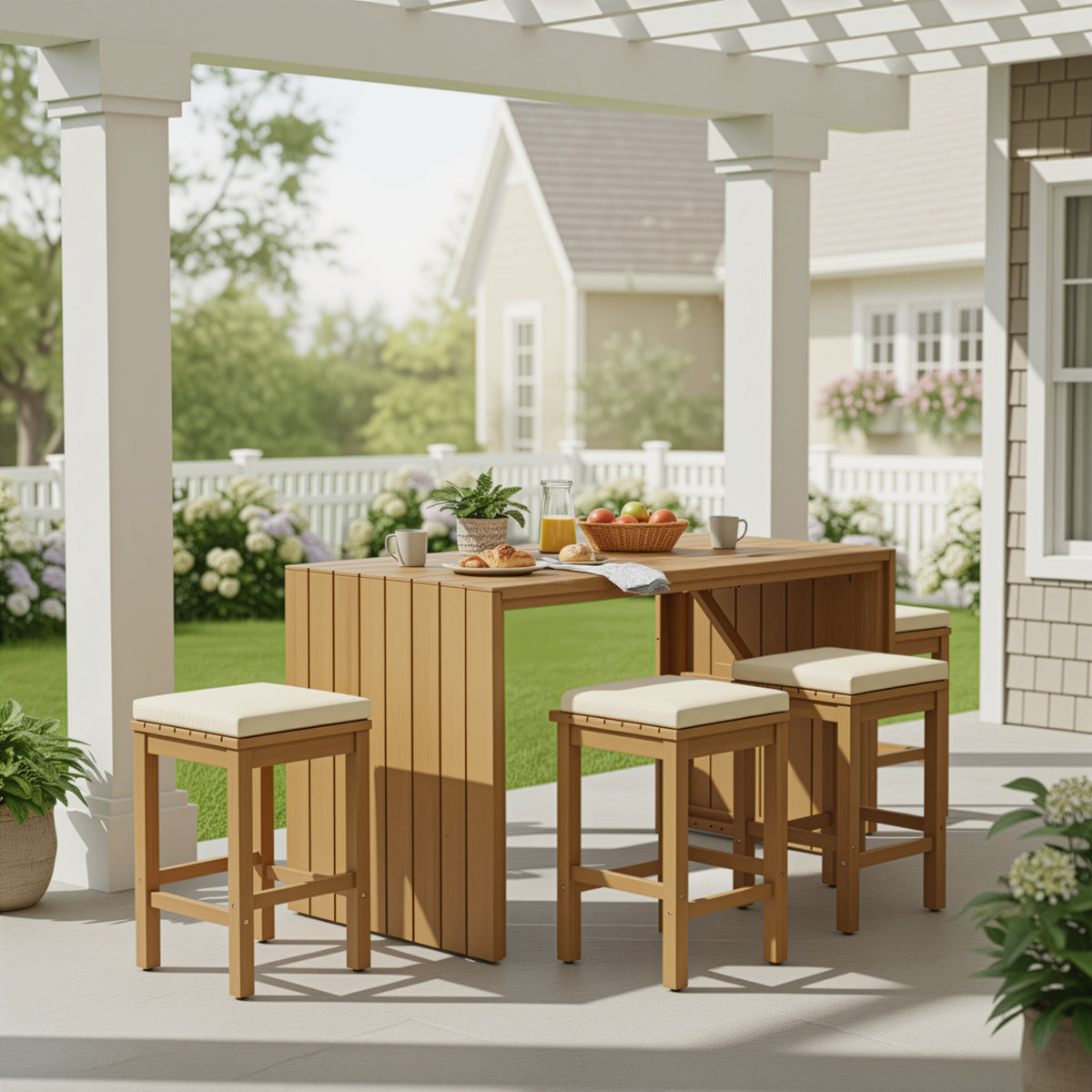 Outdoor bar set made of acacia wood from Anthony & Home's Exclusive Collection, featuring a table and matching stools.