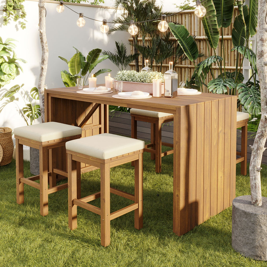 Outdoor bar set with acacia wood table and chairs from Anthony & Home's Exclusive Collection, perfect for patio entertaining.