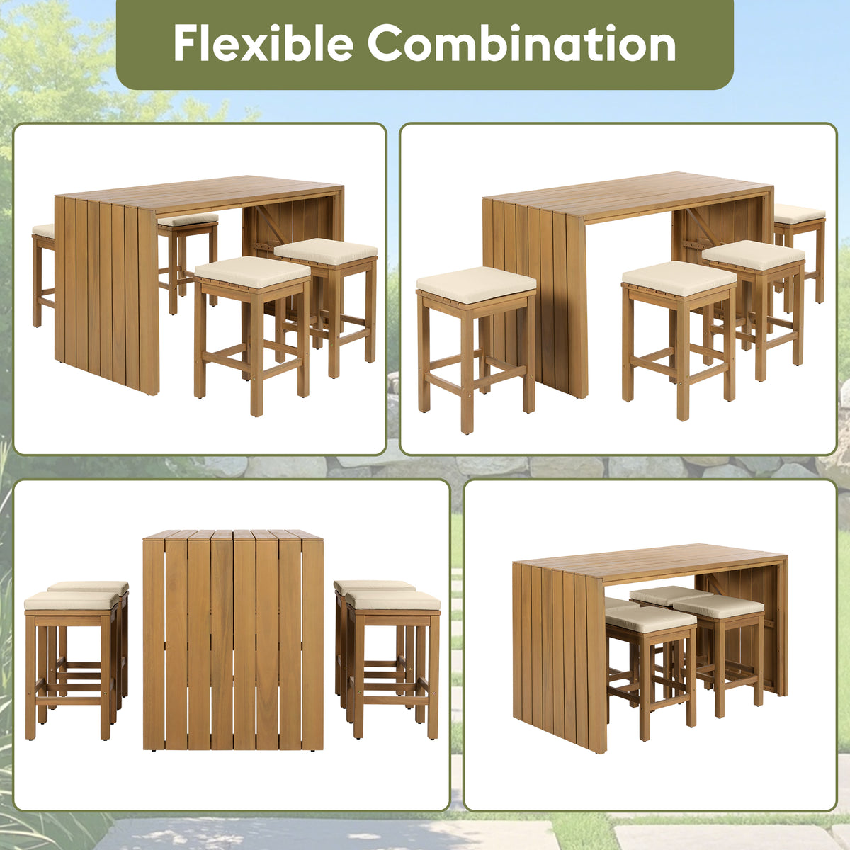 Outdoor bar set made of acacia wood from Anthony & Home's Exclusive Collection, featuring a table and matching stools.