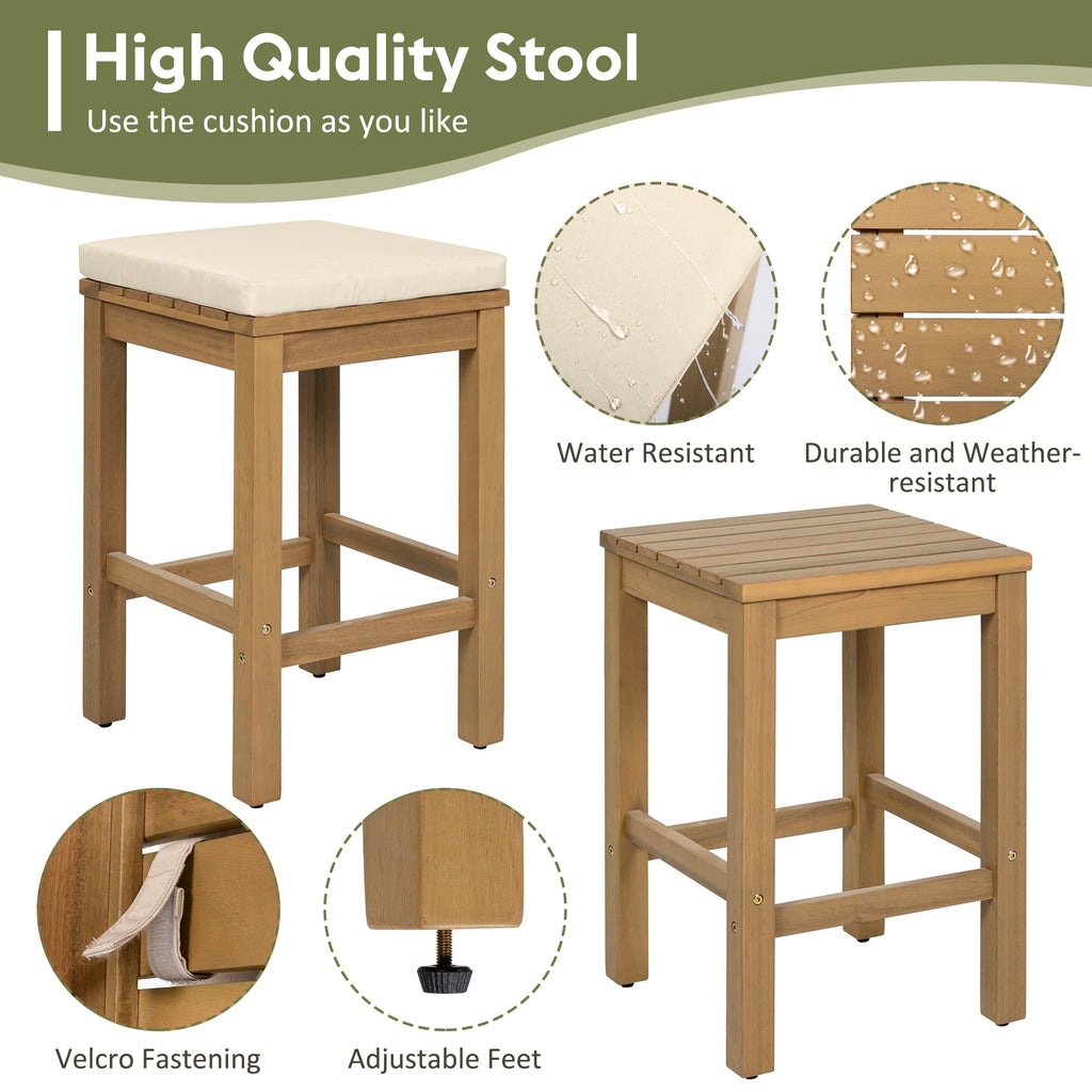 Outdoor bar set in acacia wood from Anthony & Home's Exclusive Collection with four chairs and a rectangular table.