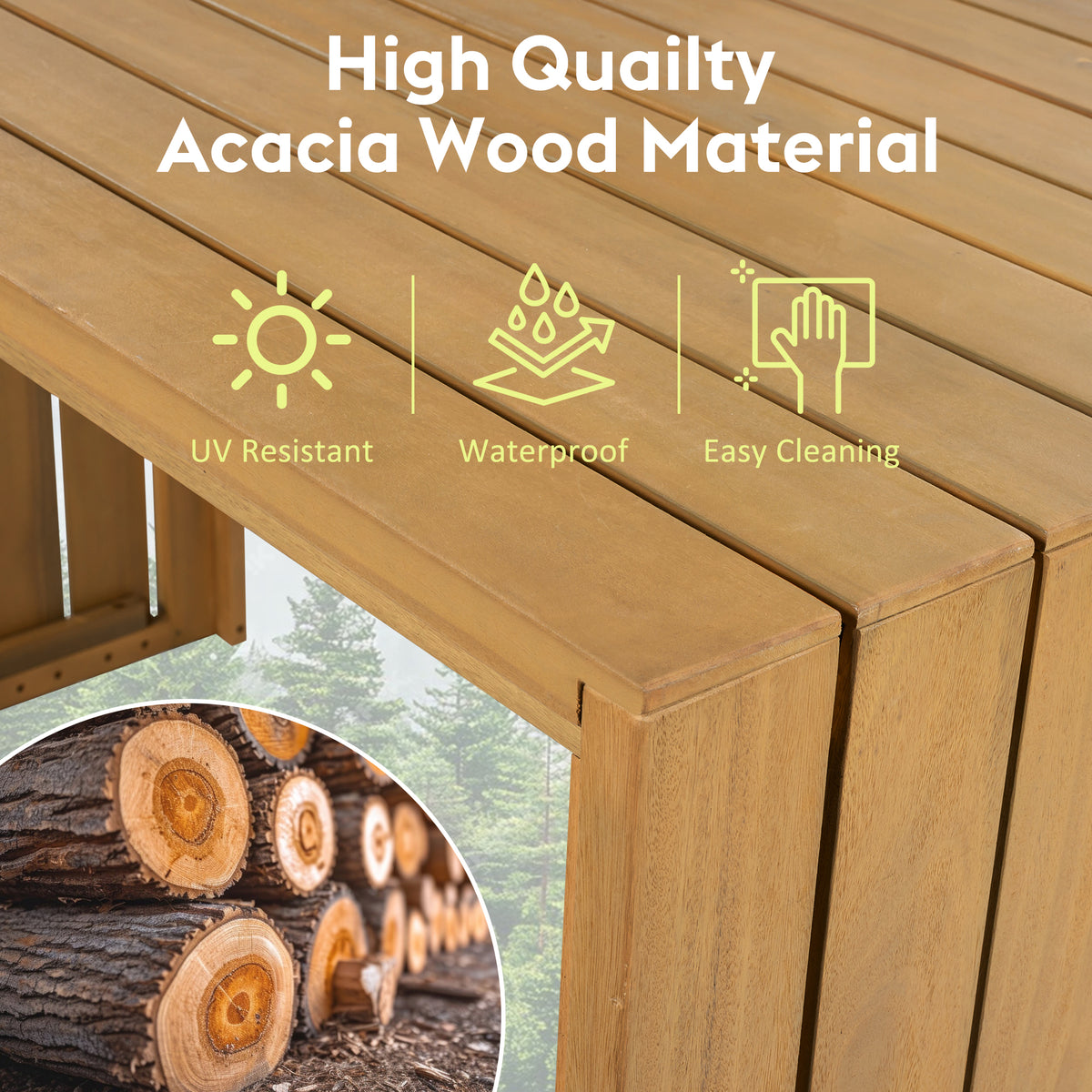 Outdoor bar set made of acacia wood from Anthony & Home's Exclusive Collection, featuring a table and matching stools.