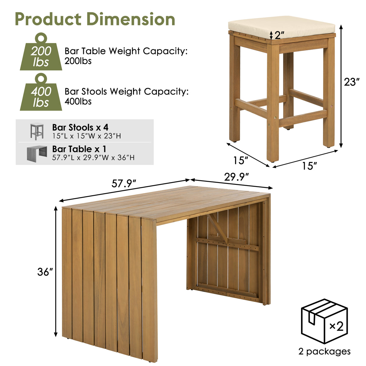 Outdoor bar set made of acacia wood from Anthony & Home's exclusive collection, featuring a table and matching stools.