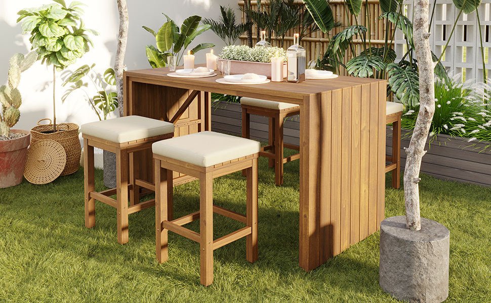 Outdoor bar set made of acacia wood from Anthony & Home's Exclusive Collection, featuring a table and matching stools.