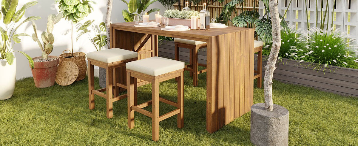 Anthony & Home outdoor bar set made of acacia wood with two bar stools and a matching table, perfect for outdoor entertaining.