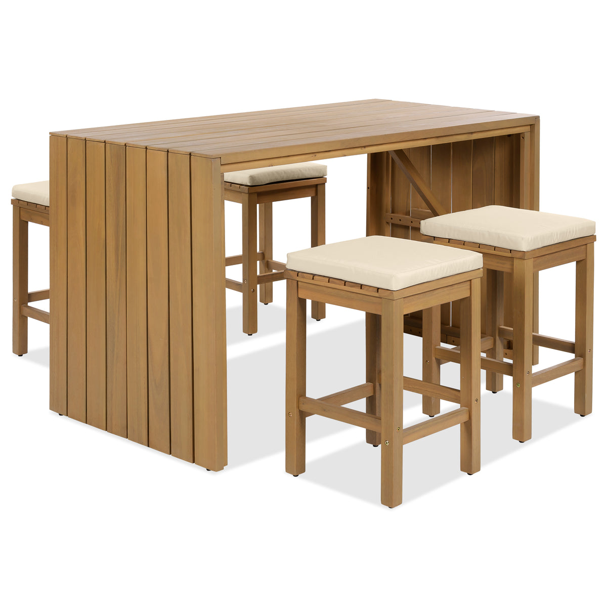 Outdoor bar set in acacia wood from Anthony & Home's Exclusive Collection, featuring a table and matching stools in a natural finish.