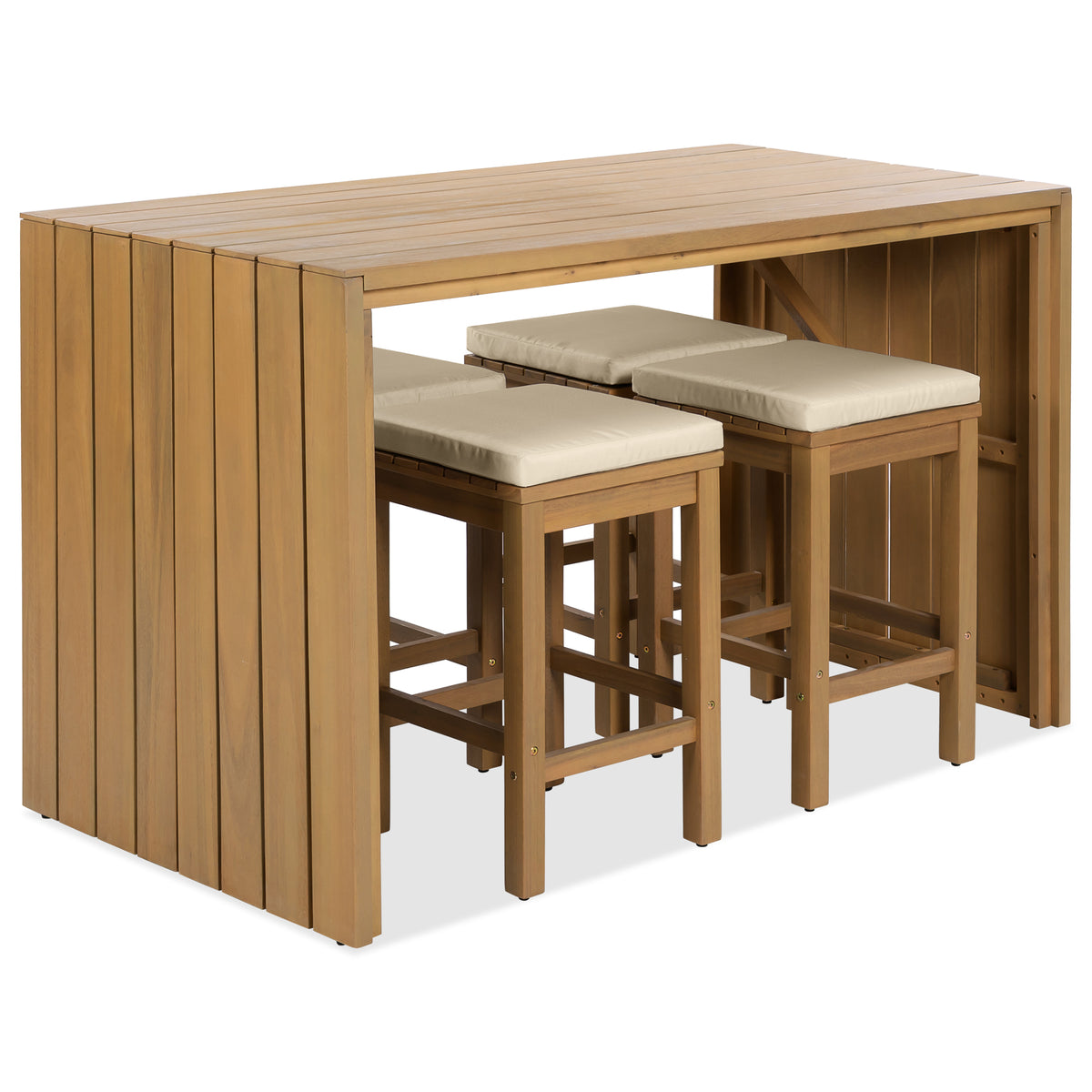 Outdoor bar set made of acacia wood from Anthony & Home's Exclusive Collection, featuring a table and matching stools.