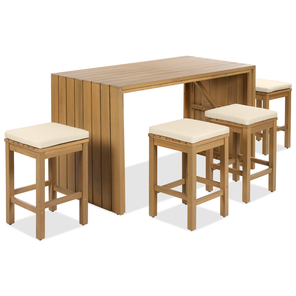Outdoor bar set with acacia wood table and stools from Anthony & Home's Exclusive Collection, perfect for outdoor entertaining.