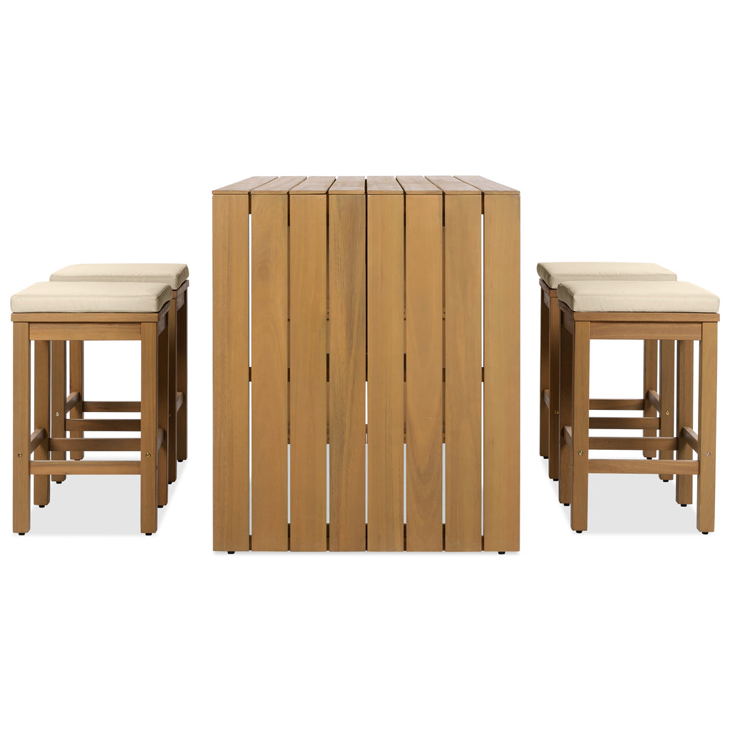 Outdoor bar set made of acacia wood from Anthony & Home's Exclusive Collection, featuring a table and matching stools.
