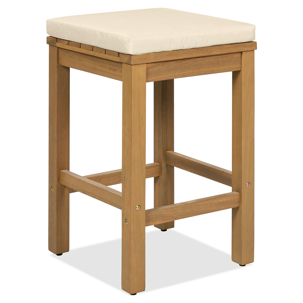 Outdoor bar set made of acacia wood from Anthony & Home's Exclusive Collection, featuring a table and four bar stools.