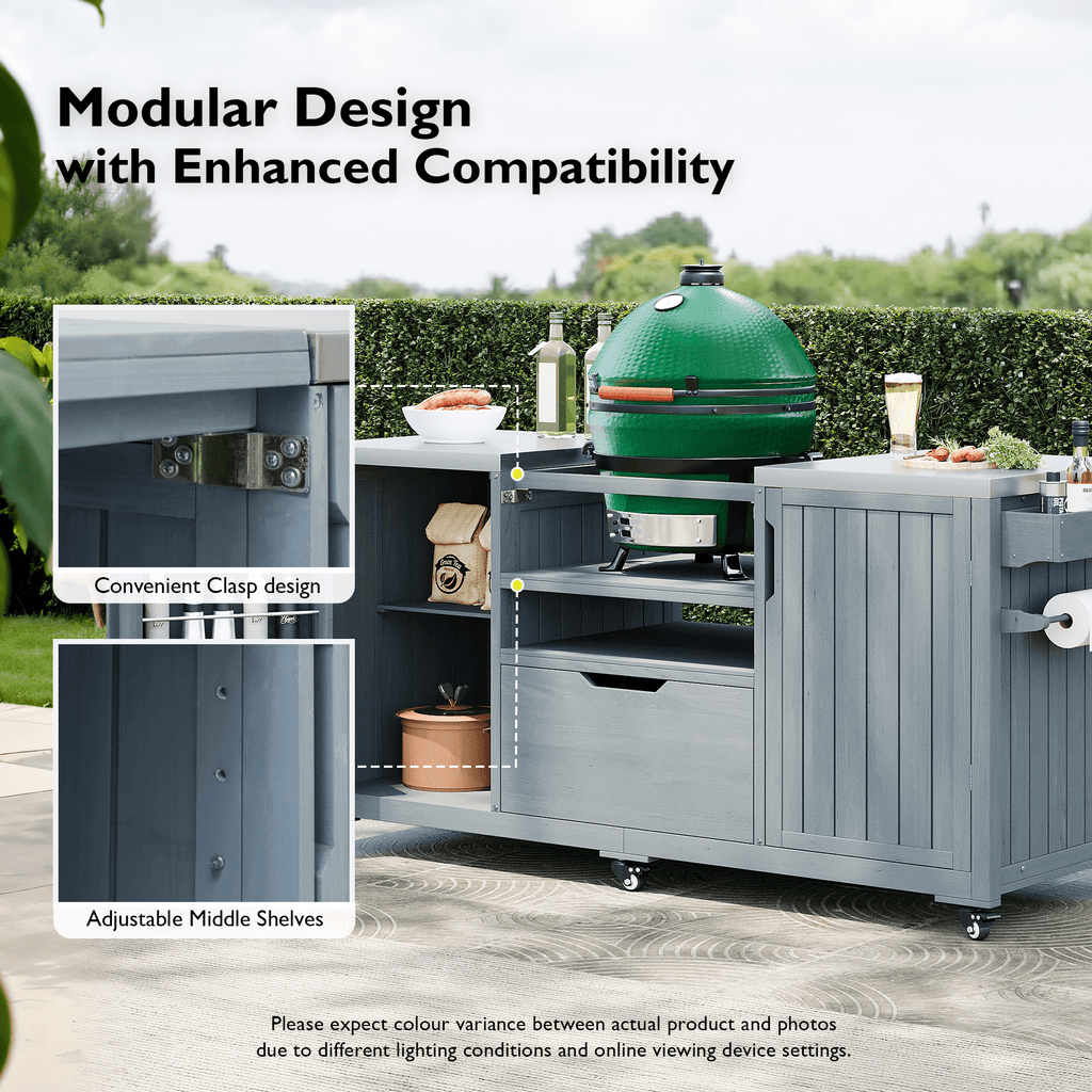 Outdoor kitchen island made of solid fir wood from Anthony & Home's limited series, featuring a spacious cooking and prep area.