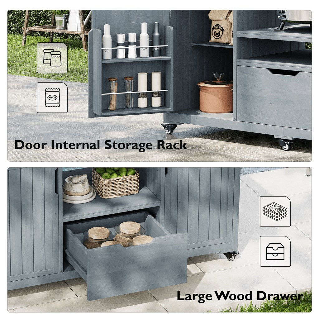Outdoor kitchen island made of solid fir wood from Anthony & Home's Limited Series, featuring a spacious design with storage compartments.