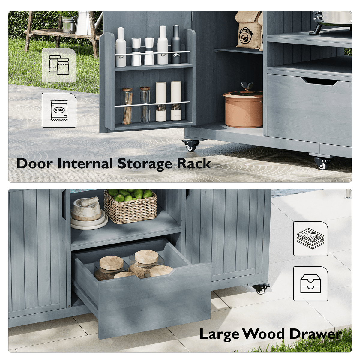 Outdoor kitchen island made of solid fir wood from Anthony & Home's Limited Series, featuring a spacious design with storage compartments.
