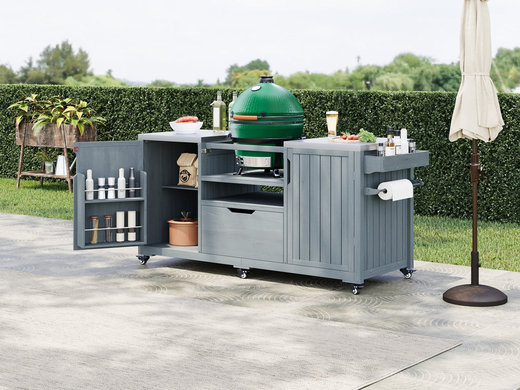 Outdoor kitchen island made of solid fir wood from Anthony & Home's limited series, featuring a spacious cooking and prep area.