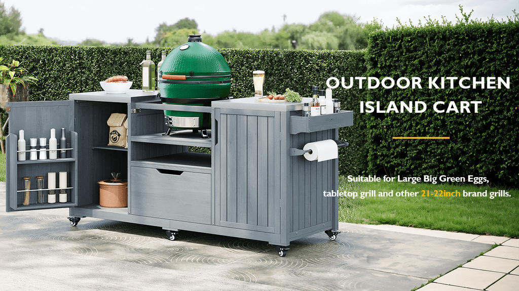 Outdoor kitchen island made of solid fir wood from Anthony & Home's limited series, featuring ample workspace and storage.