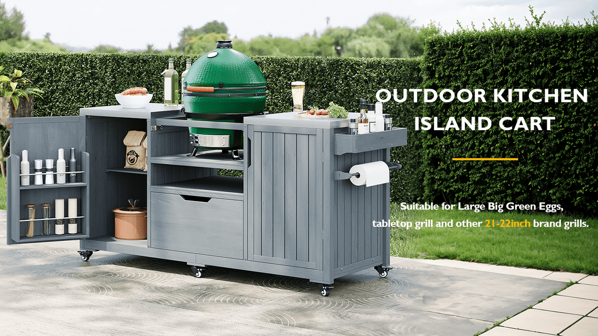 Outdoor kitchen island made of solid fir wood from Anthony & Home's limited series, featuring ample workspace and storage.
