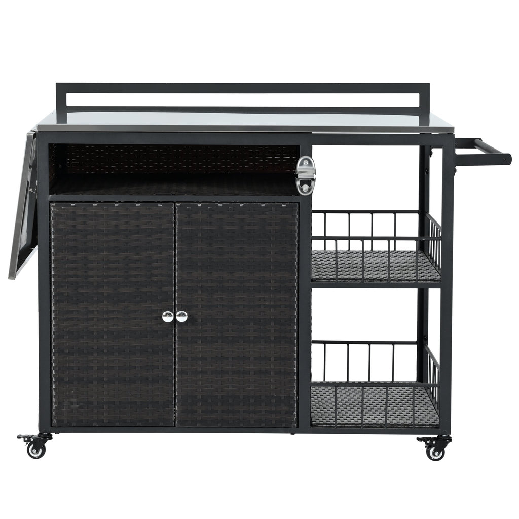 Outdoor kitchen island with dark brown PE rattan, storage, and folding tabletop from Anthony & Home's premium collection.