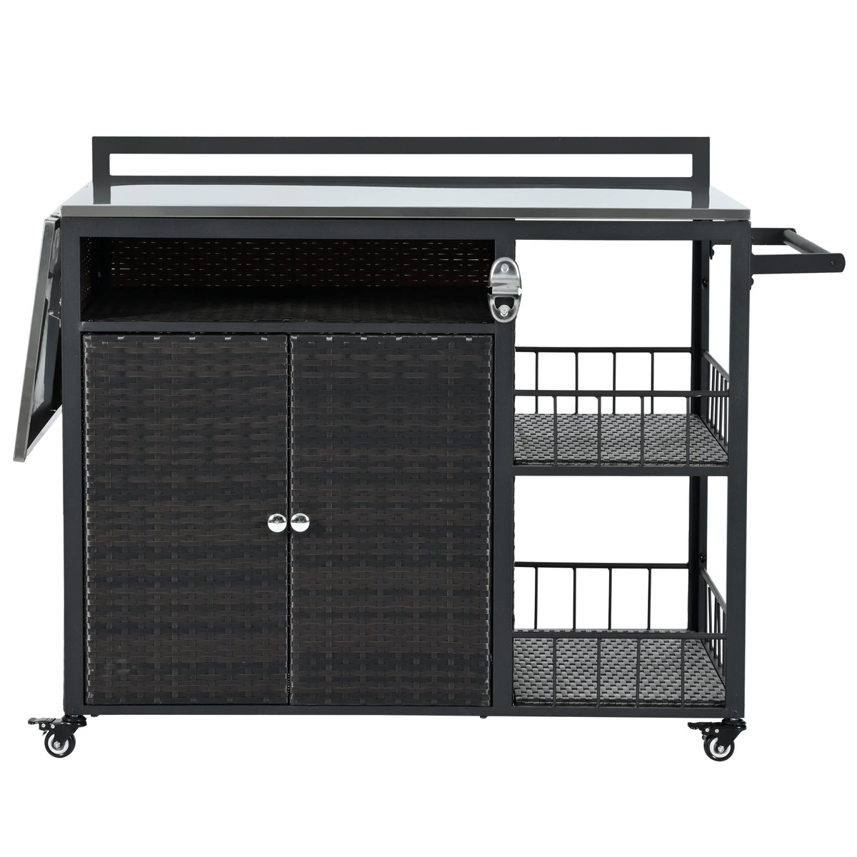 Outdoor kitchen island with dark brown PE rattan, storage, and folding tabletop from Anthony & Home's premium collection.